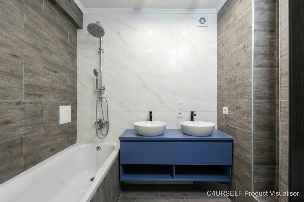 After - New blue vanity unit installed